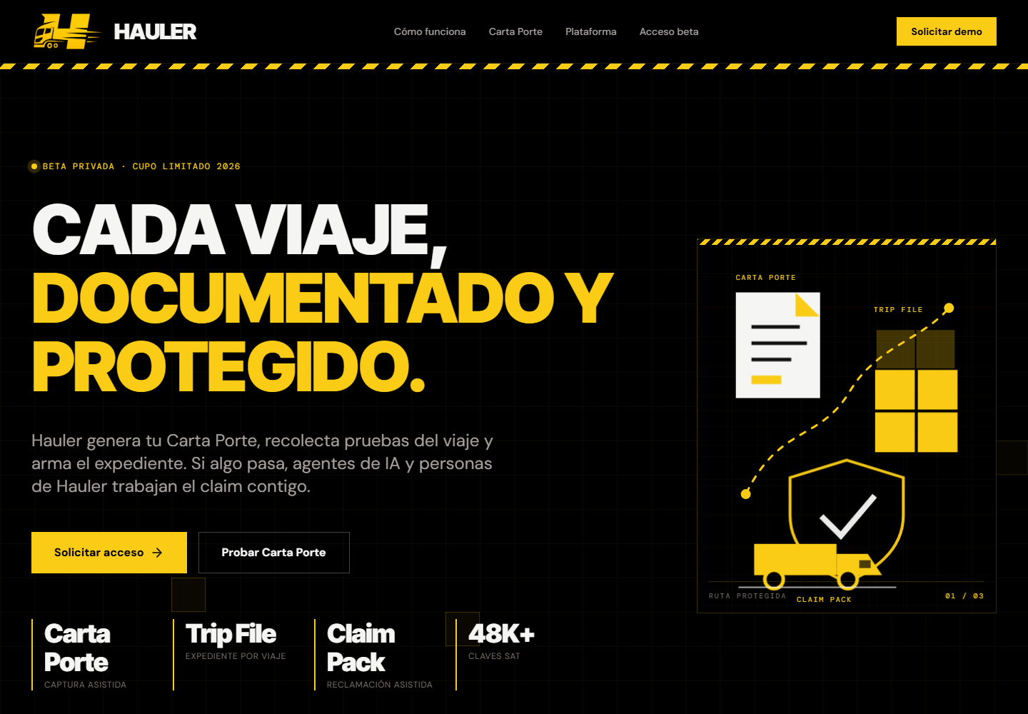 Captura del sitio Hauler MX con headline Cada viaje, documentado y protegido.